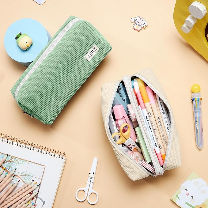 KALIDI Large Pencil Case Corduroy Pencil Pouch Box Cute School Supplies for Teen Girls Boys, Green