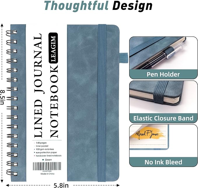 LEAGIM Lined Spiral Journal Notebook for Women & Men, College Ruled Hardcover Notebook for Work & Note Taking, Journals for Writing, 100 GSM, Business, School, 140 Pages, A5(5.8"x8.5") - Green