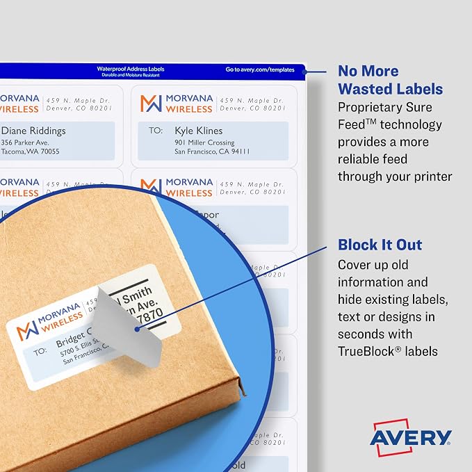 Avery Shipping Address Labels, Inkjet Printers, 100 Labels,3-1/2 x 5, Permanent Adhesive,White, 5 Packs (8168)