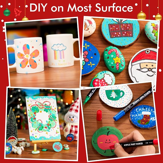 Shuttle Art 28 Colors Dual Tip Acrylic Paint Markers, Brush Tip and Fine Tip Acrylic Paint Pens for Rock, Ceramic, Wood, Canvas, Plastic, Glass, Stone, Calligraphy, Card Making, DIY Football Crafts