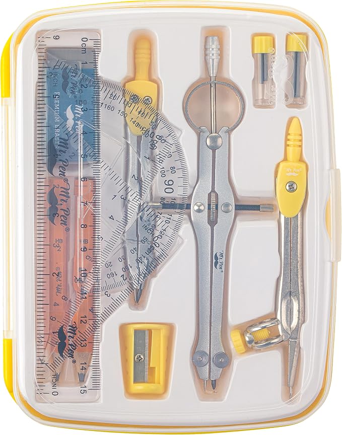 Mr. Pen- Geometry Set, 13 pcs, 3 Metal Compasses, Protractor, 6" Ruler | 45° & 30°/60° Set Squares, Pencils, Lead Refills, Sharpener & Eraser for Math, Drafting & Classroom Use | 45° & 30°/60° Set Squares, Pencils, Lead Refills, Sharpener & Eraser for ...