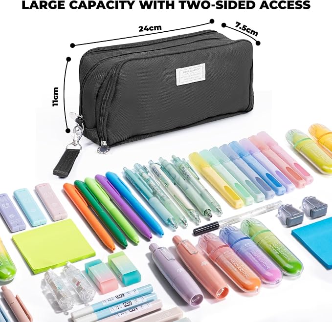 Four Candies Black Pencil Case 3 Compartment Pouch, Large Pencil Pouch for School, Girls, Teen Boys, Women, Black, Removable Handle & Zipper, Cute Pencil Bag for Office, College