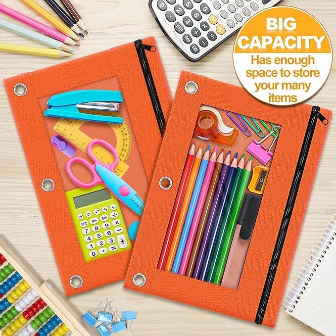 Pencil Pouch for 3 Ring Binder, 2 Pack Pencil Bags with Zipper, Orange Pencil Case for Classroom School Office Supplies, Large Sturdy and Durable Cloth Pencil Pocket for 3 Holder Binder