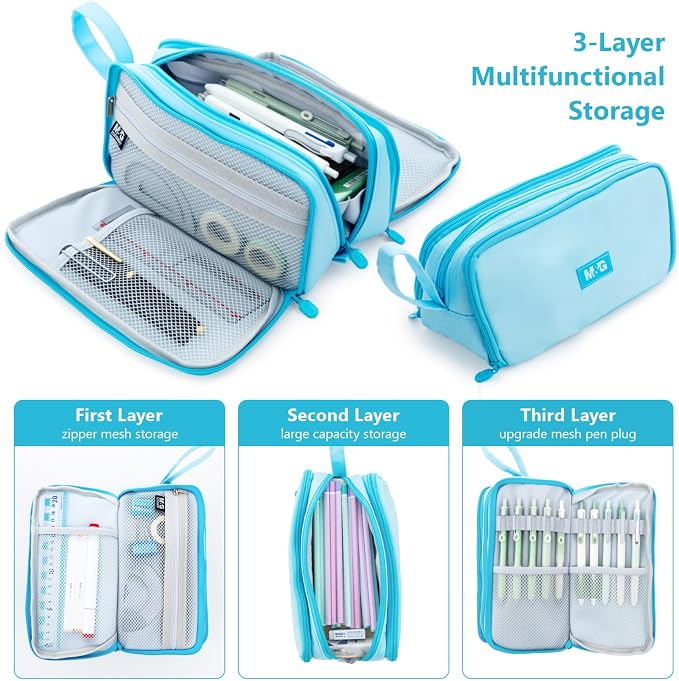 M&G Large Pencil Case, Big Capacity Pencil Pouch with 3-layer Compartment, Portable Handheld Pencil Bag, Cute School Stationery Organizer for Boys Girls Men Women, Ideal for Office School,Blue