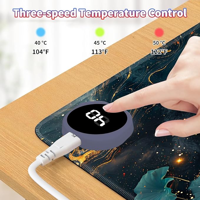 Heated Desk Pad Large Mouse Pad 23.6 x 14.1 inch with 3 Levels Heating & Auto Shut-Off Warm Mouse pad PU Leather Computer Mousepad for Home Office Work - Lotus Flowers