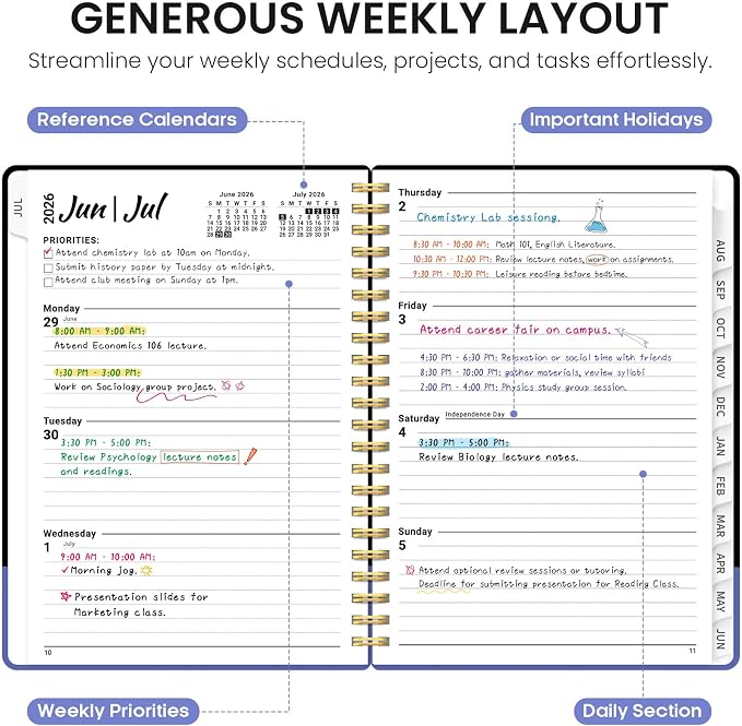 Planner 2026–2027, Weekly & Monthly Academic Organizer for School Year, Jul 2026–Jun 2027, Hardcover Planner with Tabs, Back to School Essential, 6.3" x 8.5", Quiet Meadow