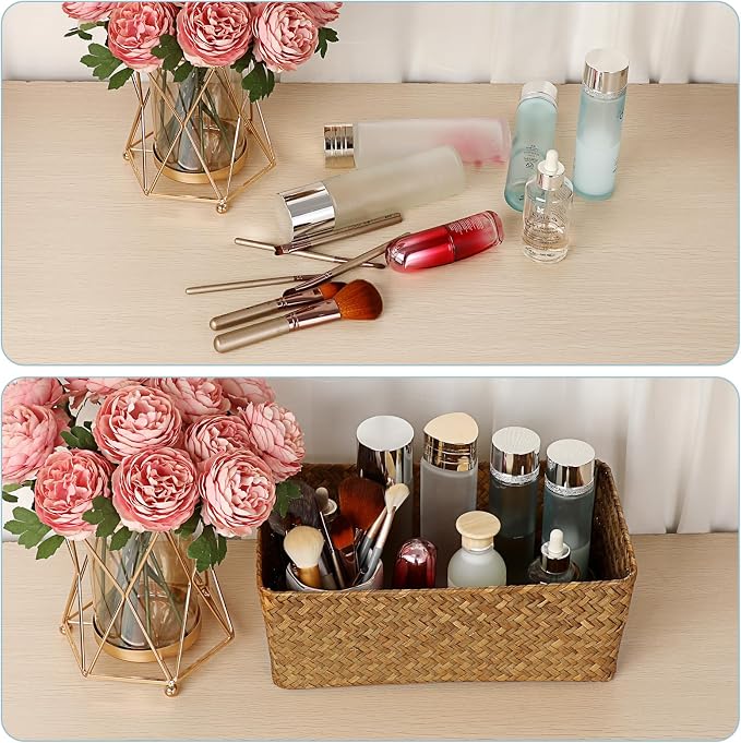 Set of 2 Wicker Storage Baskets for Shelves, Simple Organizing Basket for Home Shelf Baskets Woven Wicker Organizer Bins Shelf Baskets for Organizing Wardrobe Desktop Home Decor, Caramel