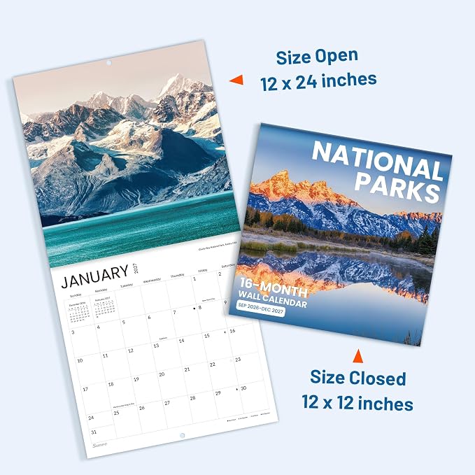 SUNEE Calendar 2026-2027 for Wall, 2027 Large Wall calendar 12x12 Inches with 16 Months from September 2026 to December 2027, Thick Glossy Paper, 12" x 24" (Open), World National Parks
