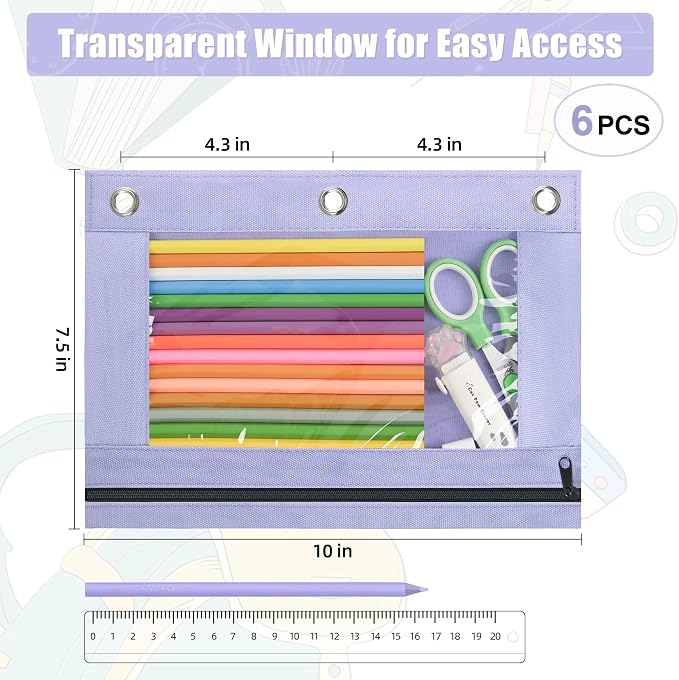 Lanpn Pencil Pouch for 3 Ring Binder 6 Pack, Purple Binder Pen Bags with Zipper, Cute 3 Holes Pencil Pouches Organizer for Boy Girl Kids School Student, Reinforced Grommets & Clear Window