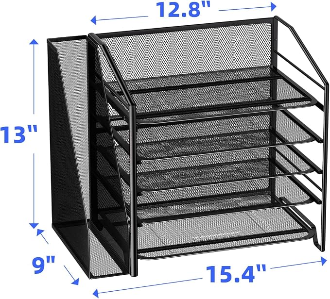 Simple Trending 5-Tier Desk File Organizer, Paper Organizer, Black | Adjustable Letter Trays, Side File Shelf，Durable Steel Mesh, Space Saving, for Home Office, 15.4"L x 9"W x 13"H