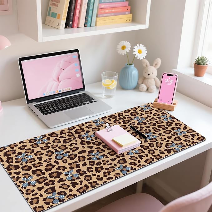 Cherry Leopard Print Leather Desk Mat Extended Gaming Mouse Pad | Non-slip Large Writing Pad Laptop Blotter Computer Keyboard Mat | Cute Brown Desk Protector for Home Office 31.5" x 15.7"
