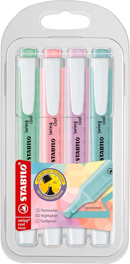 STABILO - swing cool Pastel - Highlighter - Pack of 4 - Hint of Mint, Pink Blush, Lilac Haze, Touch of Turquoise | Pack of 4 - Hint of Mint, Pink Blush, Lilac Haze, Touch of Turquoise
