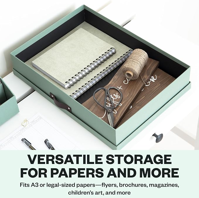 Bigso Sverker Fiberboard Document Storage Box with Lid for A3 and Legal Size Papers, Magazines, and Art - Sturdy, Stackable Keepsake Box with Leather Handle - W17.1in x D12.2in x H3.3in - Soft Teal