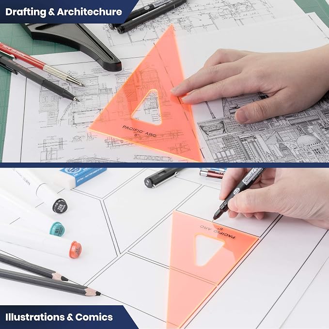 Pacific Arc Drafting Triangle, 8-inch, 30/60/90 Degrees, Fluorescent Orange