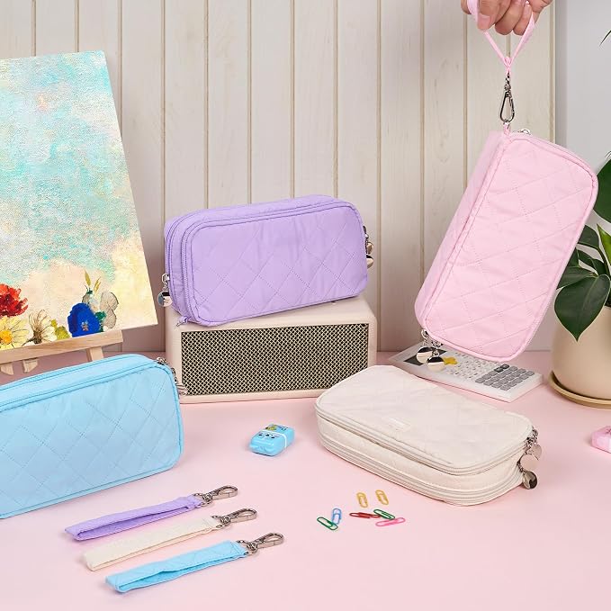 Sooez Large Pencil Case Pouch, Extra Big Pencil Bag with 8 Compartments, Pen Bag Wide Opening, Soft Quilted Pencil Pouch Organizer with Zipper, Portable Pencil Case for Teen Girls, Sky Blue