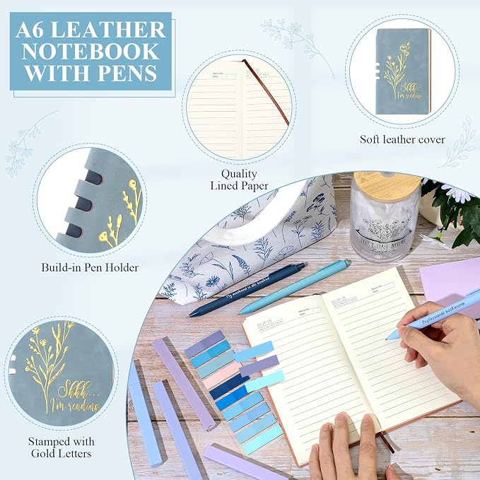 Havawish 14 Pcs Book Lovers Gift for Women 16 oz Glass Cup Tote Bag A6 Journal Notebook Pens Highlighters Sticky Notes Back to School Teacher Librarian Bookish Book Club(Blue,Aesthetic)
