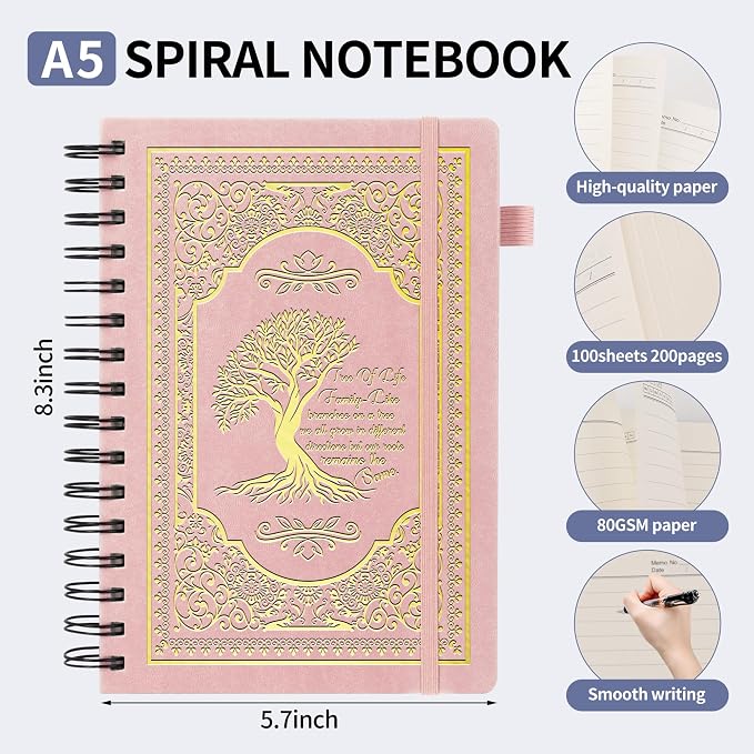 A5 Hardcover Spiral Notebook Tree of Life Journal Daily Journals for Writing Travel Notebooks Journal for Women Men 80GSM Paper Leather Spiral Journal,5.7"x8.3"（Spiral Tree -Pink)