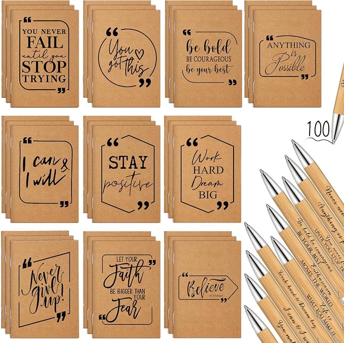 Fulmoon 200 Pcs Motivational Pens Inspirational Notebooks Gifts Bulk Inspirational Ballpoint Pen Small Note Pads Appreciation Gifts for Employee Nurse Volunteer Teacher Back to School (Brown)