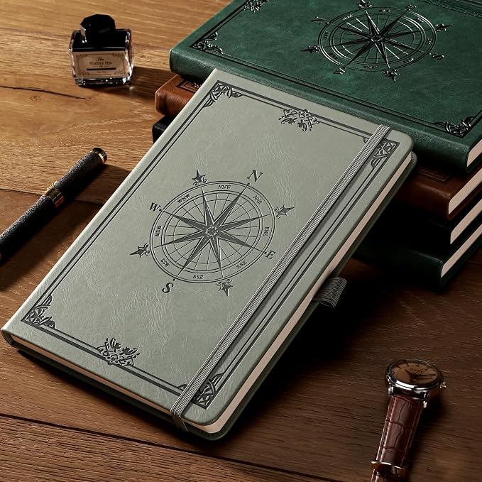 AHGXG Lined Journal Notebook, 192 Numbered Pages, A5 Size (5.7'' x 8.3'') | for Men & Women, Journaling, Writing, Work & Office, Leather Hardcover, 100 GSM Thick Paper (Light Green)
