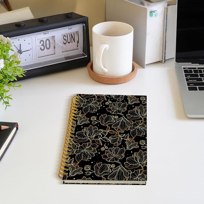 Black and Gold Floral Spiral Notebook, Abstract Modern Luxury Flower Journal for Women, Elegant Vintage Botanical Linear Floral Hardcover Notebook Journal, 5.5x8.3 Inch