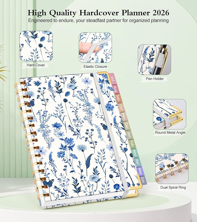 Academic Planner 2026-2027, Hardcover Weekly and Monthly Calendar Planner from July 2026 - June 2027, Daily Agenda Planners with Tabs, College School Organizer for Student Teacher, A4 (8.5" x 11"), Blue Floral