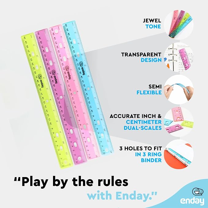 Ruler 12 Inch/ 30 CM Jeweltone, Inches and Centimeters Plastic Straight Edge Rulers School Supplies, Standard Ruler for Artists Kids and Adults, Purple, Pink, Green, and Blue, 4 Pack – By Enday