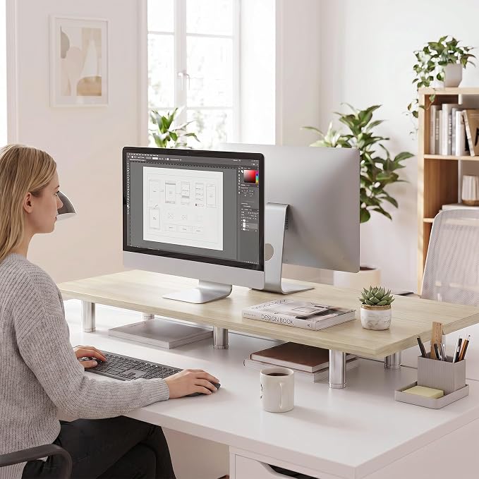 Fenge 39.4” Dual Monitor Stand with Height Adjustable Legs, Oak | Wooden & Steel, Ergonomic Height 3.6" to 4.4", Underneath Storage, Holds up to 99lbs, Laptop Monitor Stand for Home Office