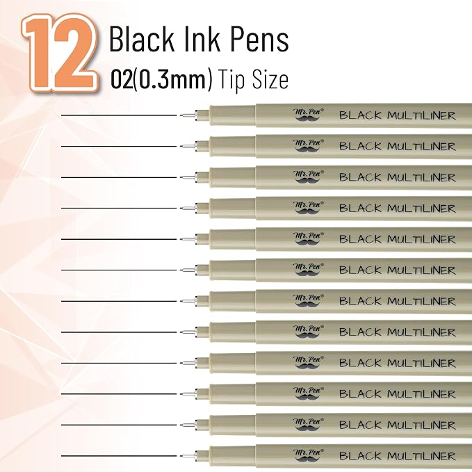 Mr. Pen- 0.3mm Micro Fine Point Pens, 12 Pack, Black Ink, Waterproof | Acid-Free, No-Smear Quick-Dry Fineliner Pens for Drawing, Sketching, Bible Journaling, Outlines & Everyday Writing