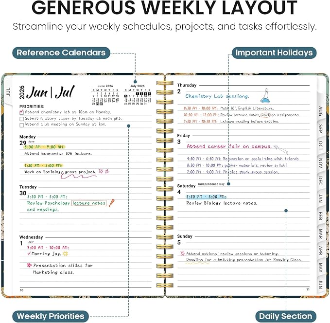 Planner 2026-2027, Academic Year Monthly and Weekly Calendar Planner, Jul 2026 - Jun 2027, Hardcover Teacher Student Planning Agenda book with Tabs, Perfect for School Office Supplies, 6.3" x 8.5" - Citrus Bloom