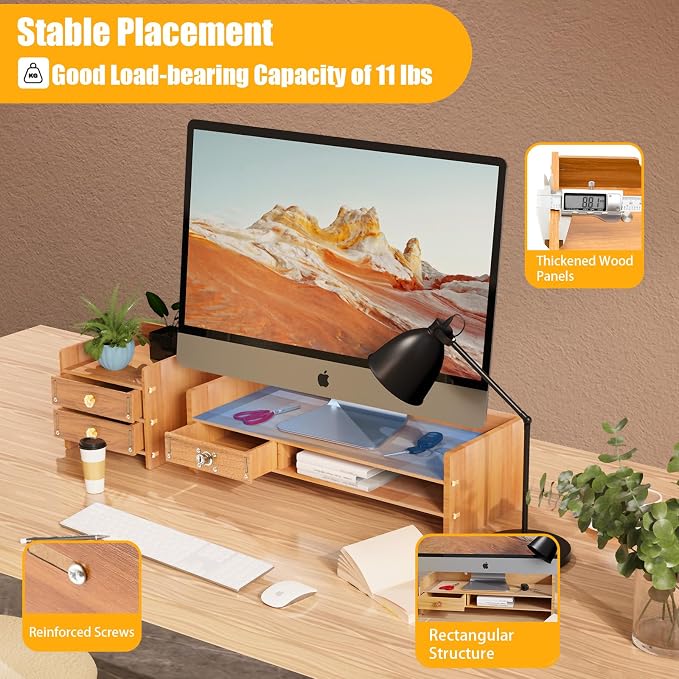 Wood Monitor Stand Riser Computer Laptop Desktop Organizer W/ Drawers + Lock Tray DIY, Desk Drawer Organizers Wood Desk Paper Organizer for Home Office