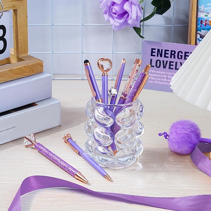 WEMATE 8Pcs Purple Pens, Metal Crystal Diamond Pens with Black & Blue Ink | Fancy Pens for Journaling, Office & Gift Supplies for Women Girls, Birthday and Back to School