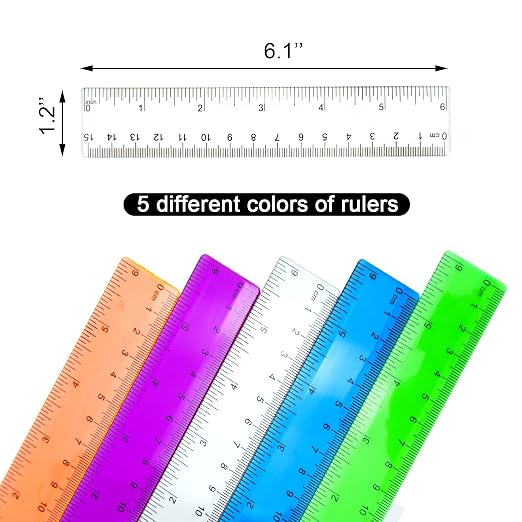 5 PCS 15 cm / 6 Inch Clear Plastic Colorful Rulers See Through with Inches and Centimeters Lightweight Small Ruler School and Office Supplies Assorted Colors