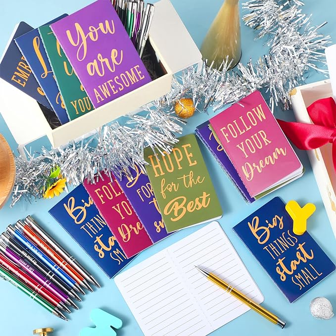 Funrous 32 Pcs Motivational Quote Pens Inspirational Notepads Mini Journal with Ballpoint Pen Small Notebooks Gift for Men Women Coworker Adult Party Favors Prize Teacher Student Office(Simple)