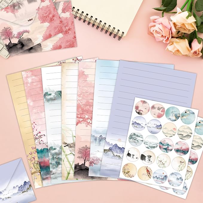 FUNCLASS 160 Pcs Ink Wash Stationery Set Letter and Envelopes | 50 Lined Stationery Paper and 50 Matching Envelopes , 5.5 x 8.25 Inches Letter Writing Stationery for Home, Office, School