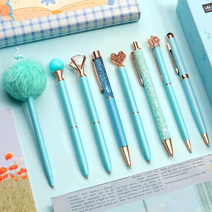 WEMATE 8Pcs Blue Pens, Metal Crystal Diamond Pens with Black & Blue Ink | Cute Fancy Pens for Journaling, Office Supplies, Gifts for Women Girls, Birthday & Back to School Supplies
