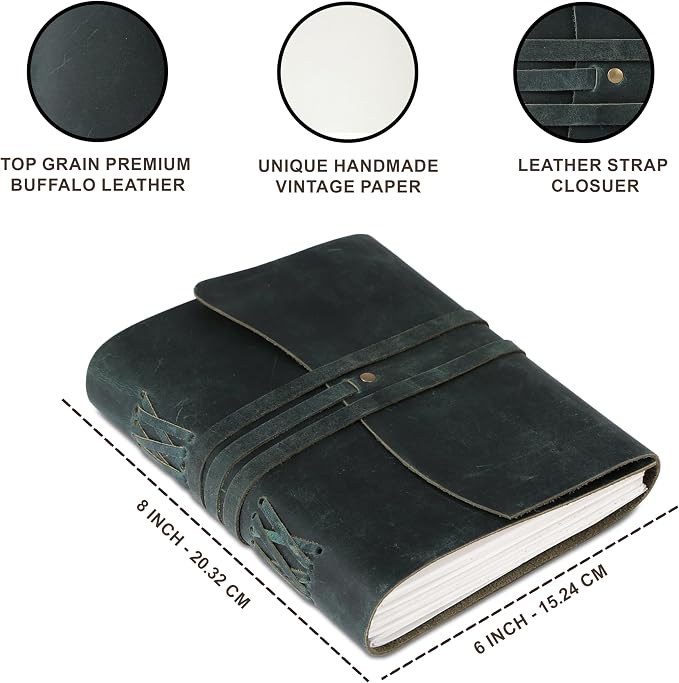 KomalC Handmade Leather Journal 8x6 Inch | Blue Vintage Notebook with Unlined Pages | Antique Travel Diary, Writing Sketchbook for Men & Women
