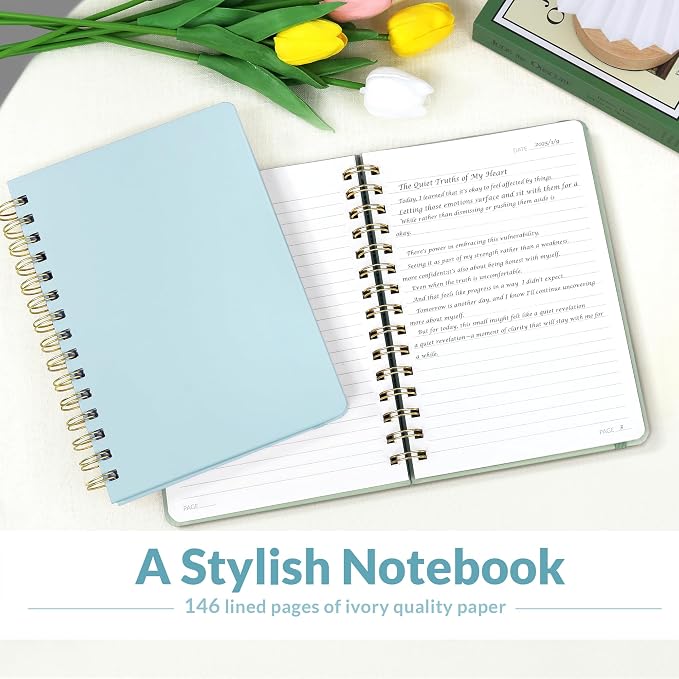SUNEE Lined Spiral Journal Notebook for Women, 146 Pages College Ruled Hardcover Journaling Notebook for Work, Note Taking and Office School Supplies, A5 - Blue