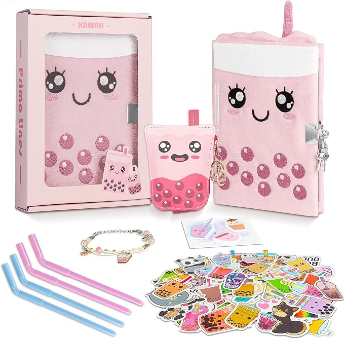 All In One Gift Kit for Girls – Back to School Supplies, Lock and Key Plush Journal Stationery Set with 53 Stickers, 1 Bracelet, 1 Coin Purse, 4 Straws and 3 Sticky Notes, for Kids, Toddlers, and Teens (Pink Boba)