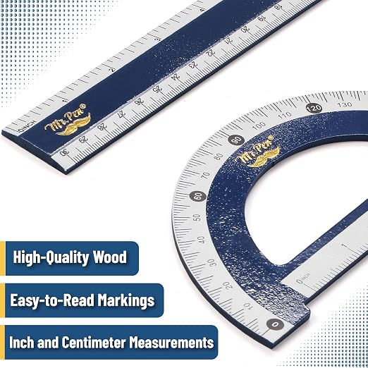 Mr. Pen- Wooden Geometry Set, 4 Pack, 8" 30°/60° Set Square | 5.5" 45°/90° Set Square, 6" Protractor & 12" Ruler for Classroom Use, Math, Drafting, Technical Drawing & Architecture
