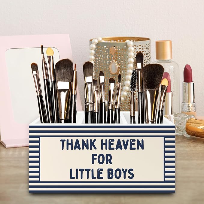 Christian Nursery Kids Pen Pencil Holder Organizer for Desk, Thank Heaven for Little Boys Blue Striped Wooden Box Signs Decorations for Boys Room Bedroom Playroom Desk Tabletop