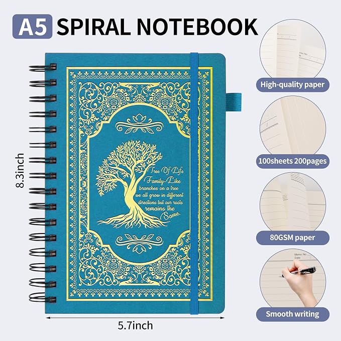 A5 Hardcover Spiral Notebook Tree of Life Journal Daily Journals for Writing Travel Notebooks Journal for Women Men 80GSM Paper Leather Spiral Journal,5.7"x8.3"（Spiral Tree -Light Blue)