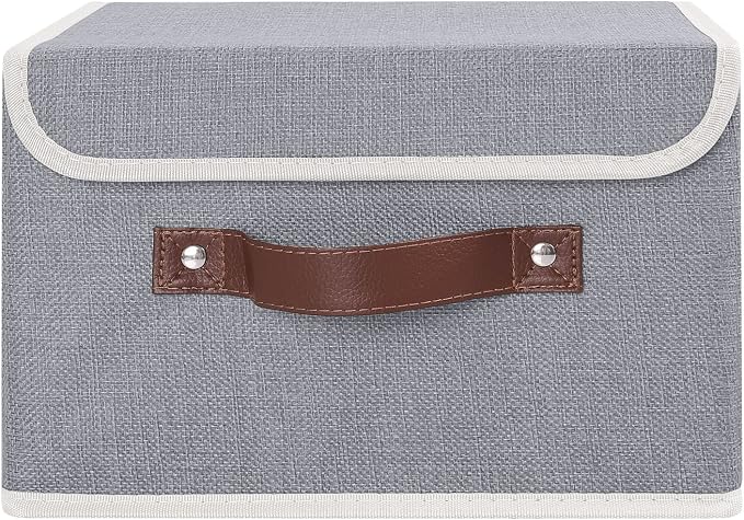 ANMINY Storage Bin with Lid Storage Boxes with PU Leather Handles PP Plastic Board Decorative Foldable Lidded Cotton Linen Fabric Home Cubes Baskets Closet Organizer Container - Gray, Small Size