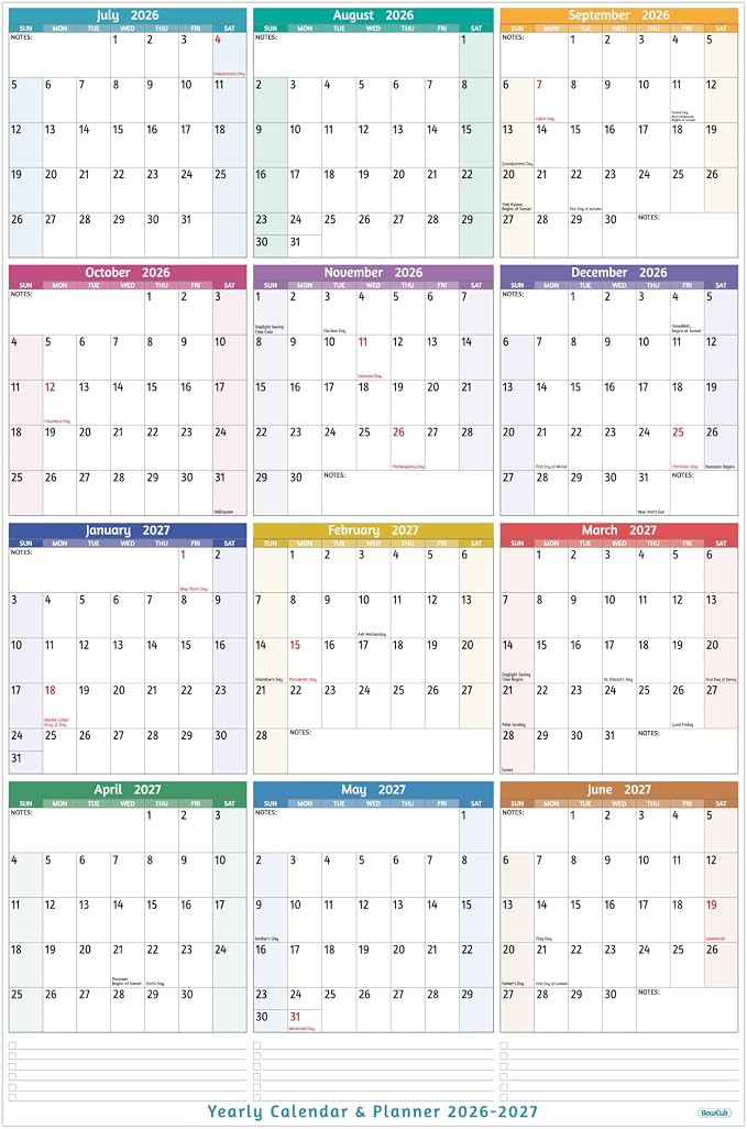Yearly Wall Calendar 2026-2027 - Large Yearly Calendar 2026-2027, Jul 2026 - Jun 2027, 25.2'' x 38.2'' (Open), Yearly Calendar 12 Months, with To-do Lists, Notes, Stickers, All At One Page