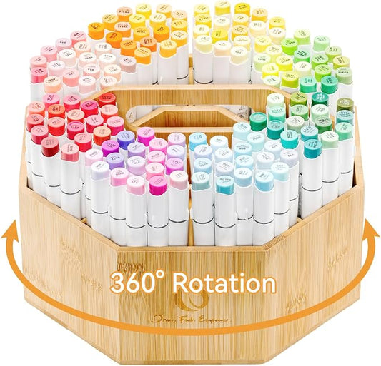 Ohuhu Rotating Marker Organizer for Alcohol Markers, 360° Rotating Bamboo Storage Hold 162 Honolulu& B Alcohol Markers, Pens Pencil Holder with 10 Compartments for Home Classroom Office Decor