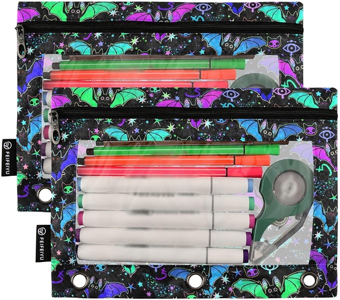 Psychedelic Bat Pencil Pouches for 3 Ring Binder 2 Pack | Binder Pencil Case With Zipper Reinforced GrommetsPencil Bags for Office Organizers