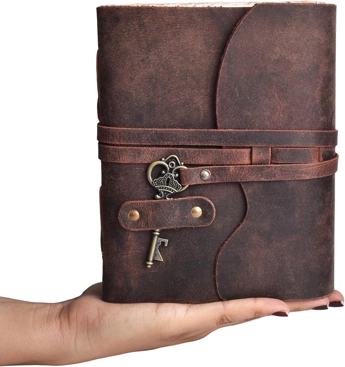 LEATHER VILLAGE Vintage Leather Journal – 200 Handmade Vintage Deckle Edge Paper – Leather bound Journal For Women Men – Vintage Key Closure - Book of Shadows - 8X6 inches (A5) - Fuchsia
