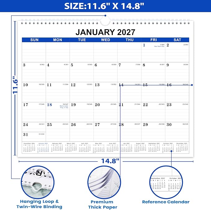 2026-2027 Wall Calendar - 18 Months Wall Calendar, Jul 2026 - Dec 2027 | 15" x 11.5", Large Writing Blocks, Built-In Hanging Hook, Marked US Federal Holidays for Home Office Family Use