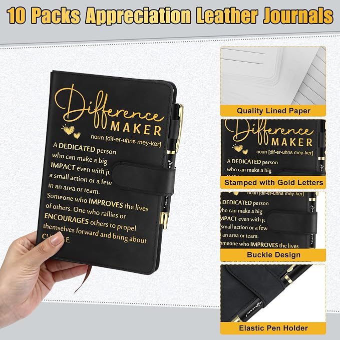 Kosiz 20 Pcs/10 Sets Employee Appreciation Gift Bulk A5 Leather Notebook Inspirational Journal Pen Thank You Gift for Men Women Coworker Teacher Office Back to School(Black,Difference Maker)