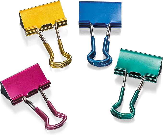 Officemate 31054 Easy Grip Medium Binder Clips, 6 packs of 12 clips each, assorted metallic colors.