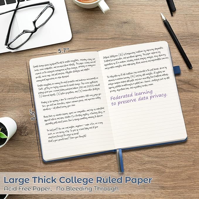 College Ruled Notebook, Hardcover Leather Journal for Women Men, A5, Lined | No Bleed Thick Paper for Smooth Writing, Lay Flat, A5 Portable Size for Work, School, and Travel, Professional Business Style